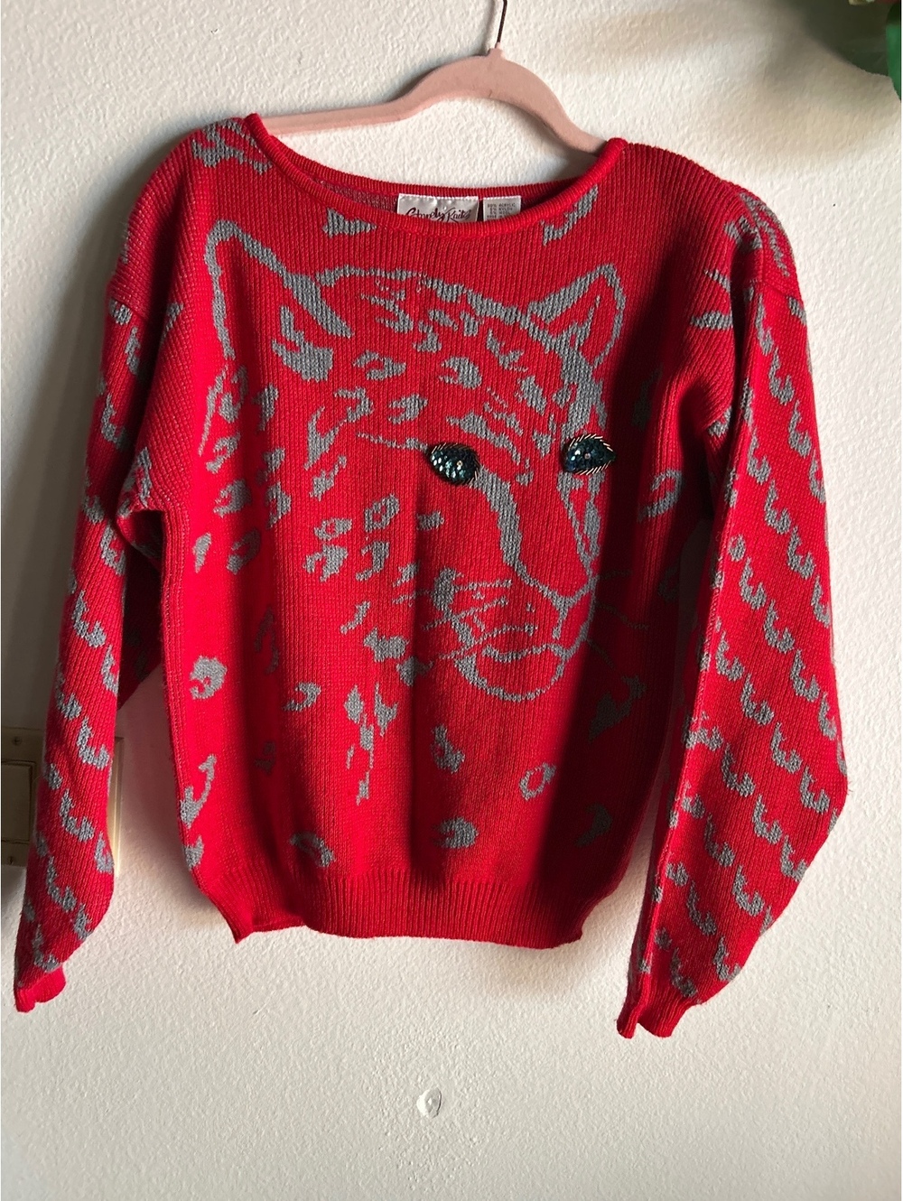 Vintage Shopsy Knits Red and Gray Leopard Print Sweater with Sequin Eyes